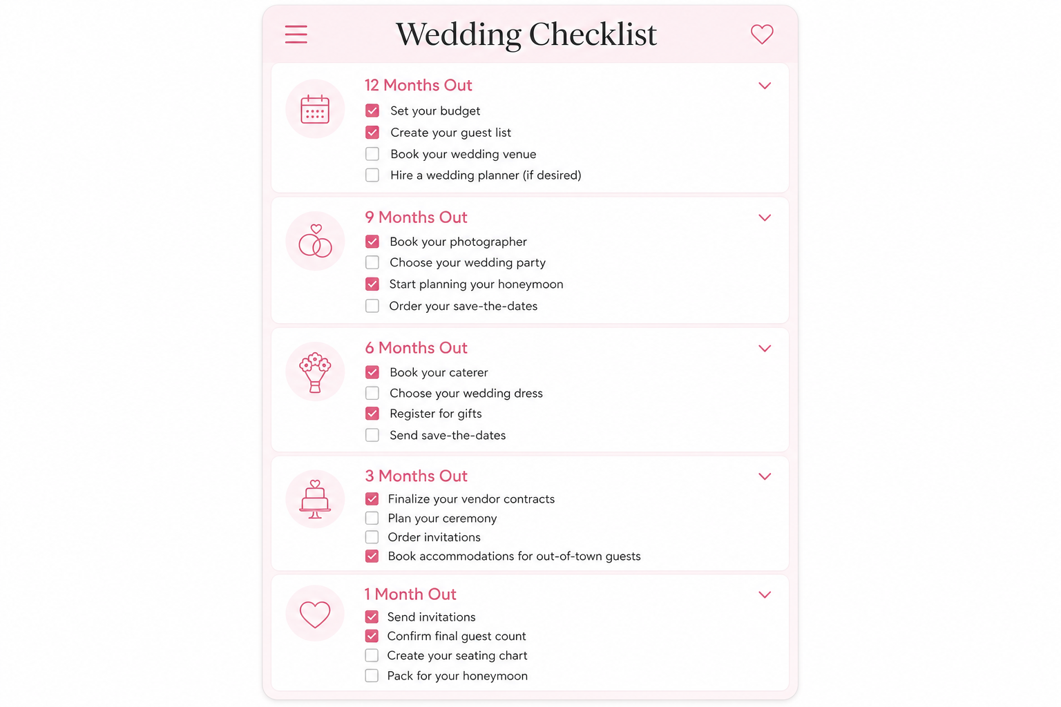 The Wedding Checklist feature in The Planned Wedding app, showing tasks organised into monthly sections based on the wedding date.